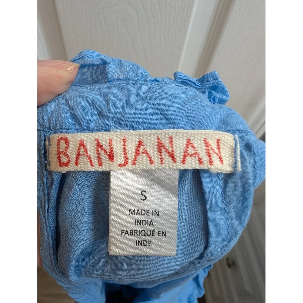 Banjanan Light Blue Embroidered Ruffle Neck Flutter Sleeve Cotton Top - Size S - Picture 5 of 6